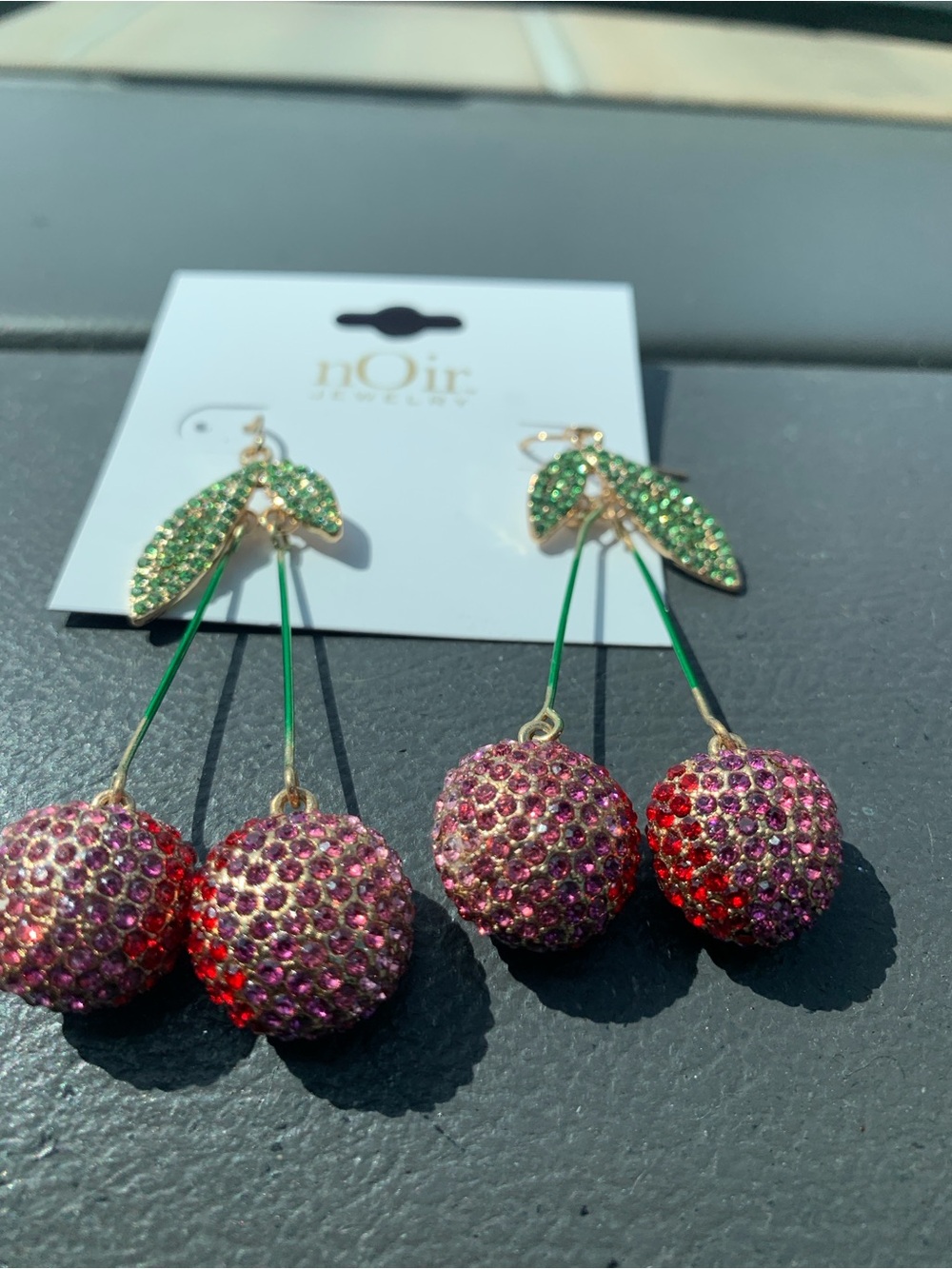nOir Jewelry Green Leaves with Pink & Red Crystal Cherry Drop Earrings